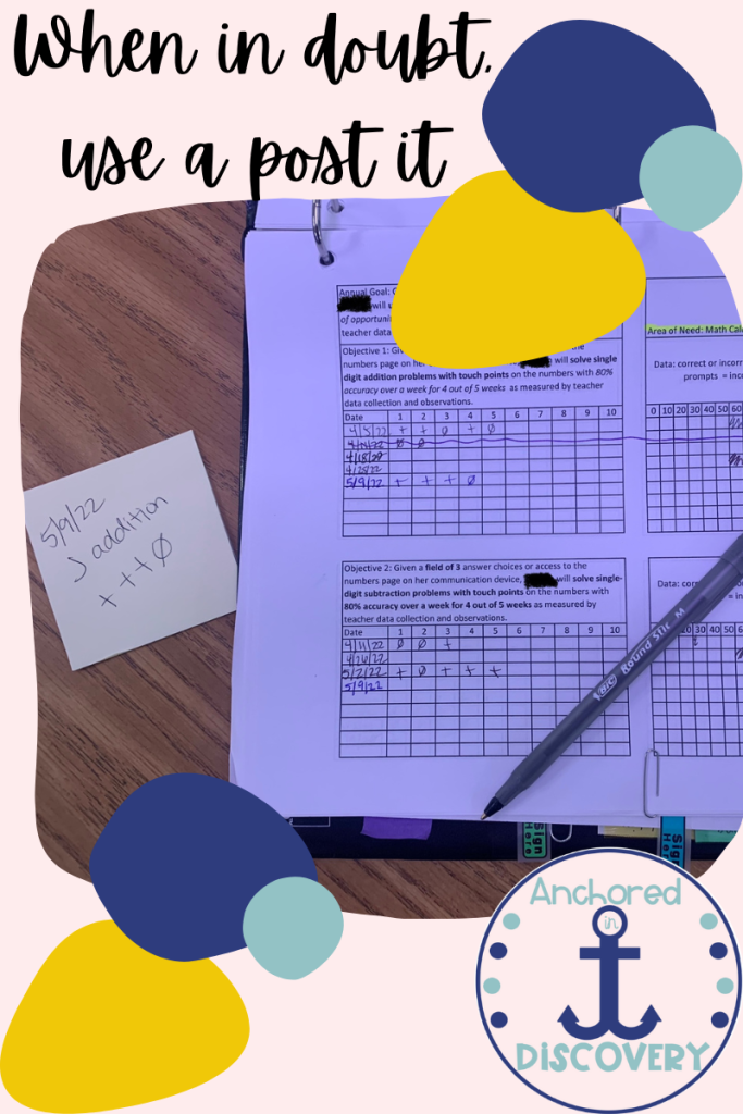 An open binder showing IEP data collection sheets. A post-it with data written on it is next to the open binder
