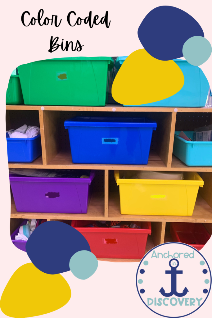 Large and small colored bins on a shelf. Each color represents a different student and is filled with their individualized materials