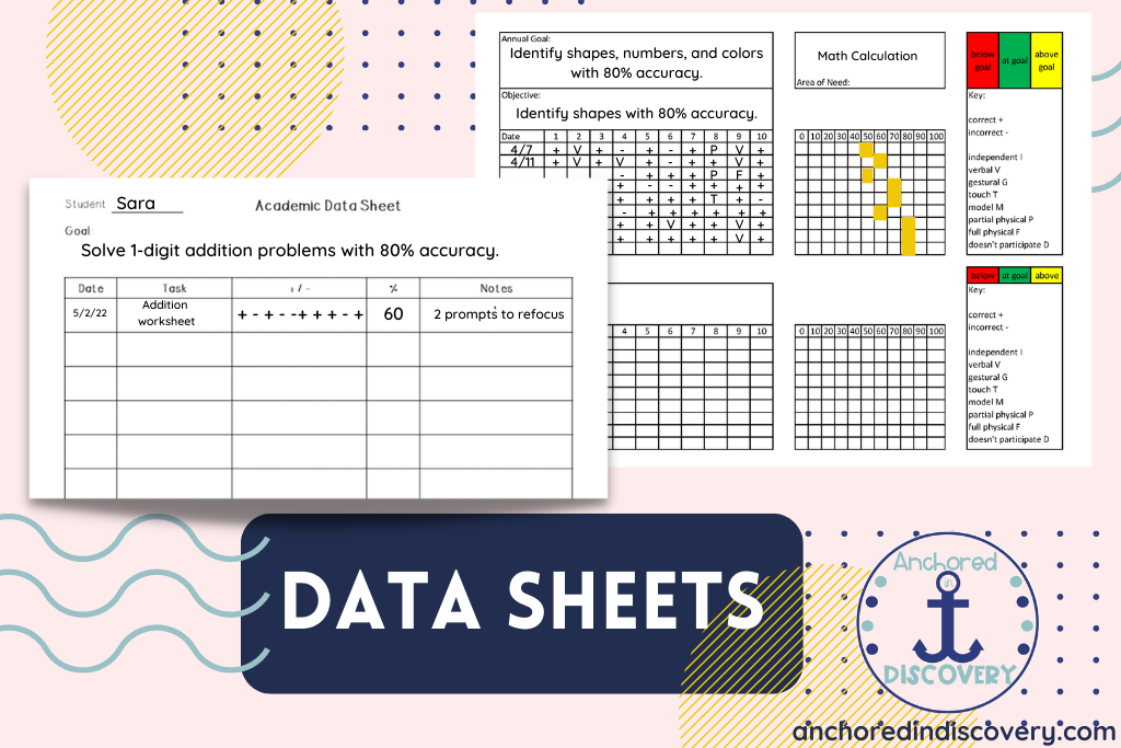 2 different special education data sheets, one simple table to track the date, task, and accuracy and the other more detailed to include graphing the data